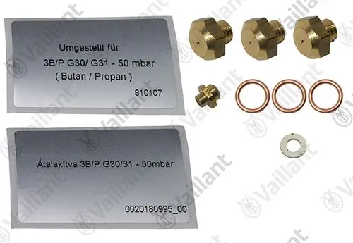 Vaillant Umstellsatz mit zwei Metalldichtungen, drei Kupfer-Ringen und zwei Gewindeadaptern, für die Anpassung von Gasgeräten auf Butan/Propangas.